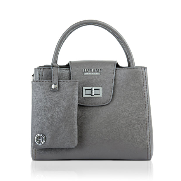 HUTCH Pewter Pebbled Leather Satchel Handbag with Pouch