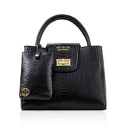HUTCH Black Python Embossed Leather Satchel Handbag with Pouch