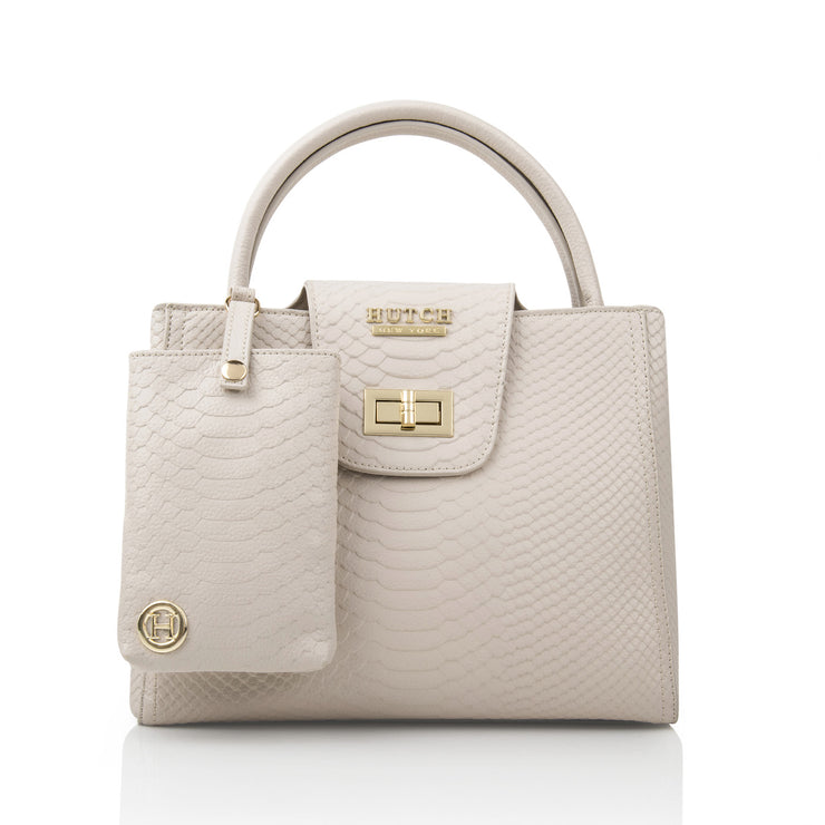 HUTCH Ivory Python Embossed Leather Satchel Handbag with Pouch