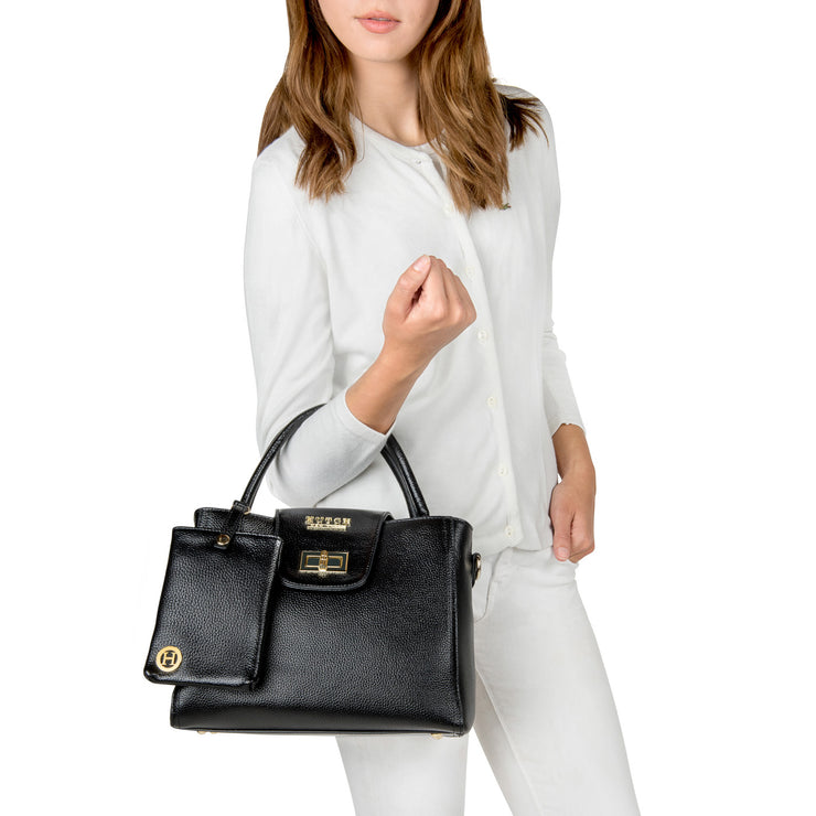 Model Holding HUTCH Black Pebbled Leather Satchel Handbag